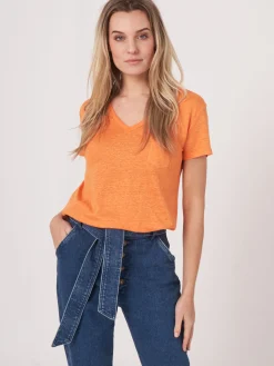 Basic-T-Shirt Mit V-Ausschnitt Und Brusttasche Aus Reinem Leinen