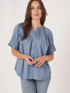 Bluse Aus Baumwollmischung Mit Aufgeschlagenen Raglan-Puffarmeln