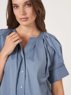 Bluse Aus Baumwollmischung Mit Aufgeschlagenen Raglan-Puffarmeln
