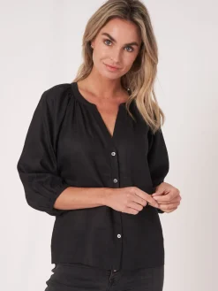 Geknopfte Leinenbluse Mit Puffarmeln