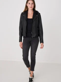 Leder-Bikerjacke Mit Kapuze