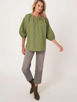 Locker Geschnittene Bluse Mit 3/4 Raglan-Puffarmeln