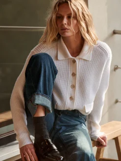 Rippenstrickjacke Mit Polokragen Aus Merinowolle