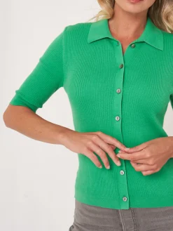 Strickjacke Mit Polokragen Und Kurzen Armeln Aus Superfeinem Rippenstrick